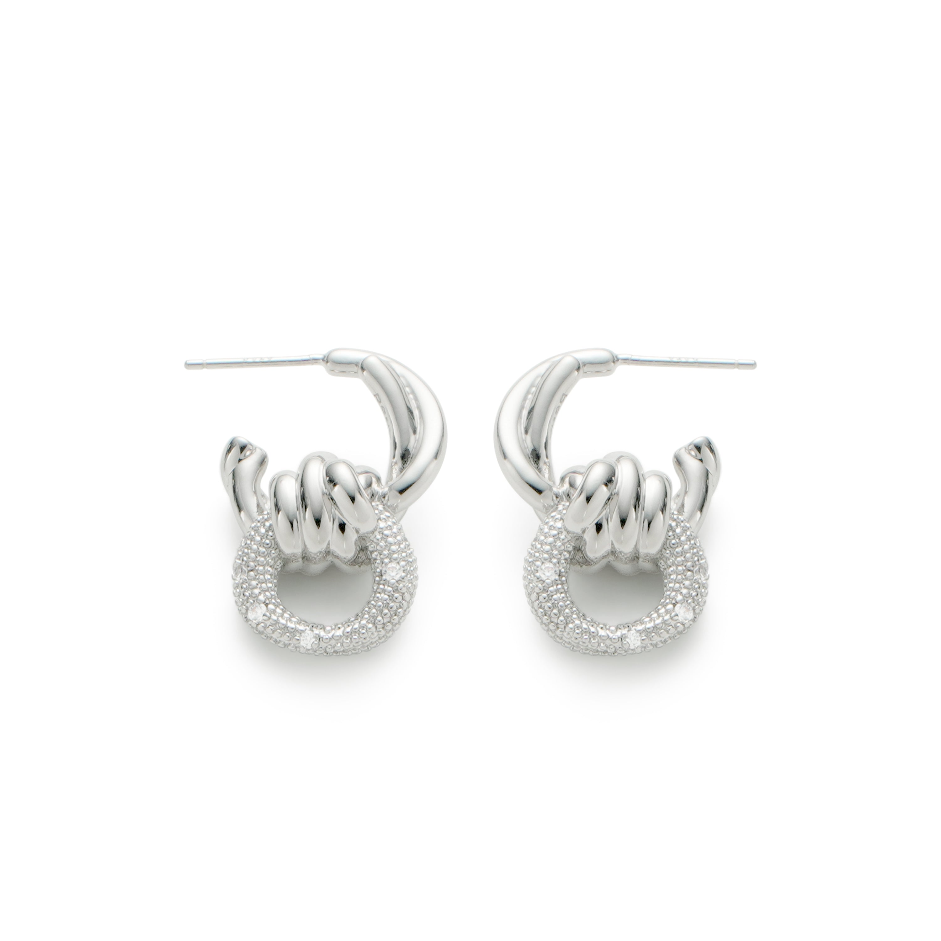 RSNY geometric abstract winding stud earrings - RSNY R2186A 铜镀铑/银耳针 约24*16*9mm 钻石纹链条元素/交错环几何造型/轻量化品牌工艺/微厚重精巧质感