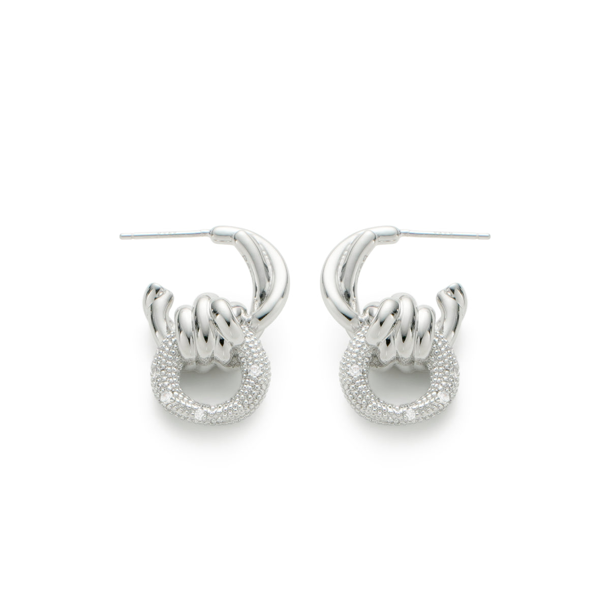 RSNY geometric abstract winding stud earrings - RSNY R2186A 铜镀铑/银耳针 约24*16*9mm 钻石纹链条元素/交错环几何造型/轻量化品牌工艺/微厚重精巧质感
