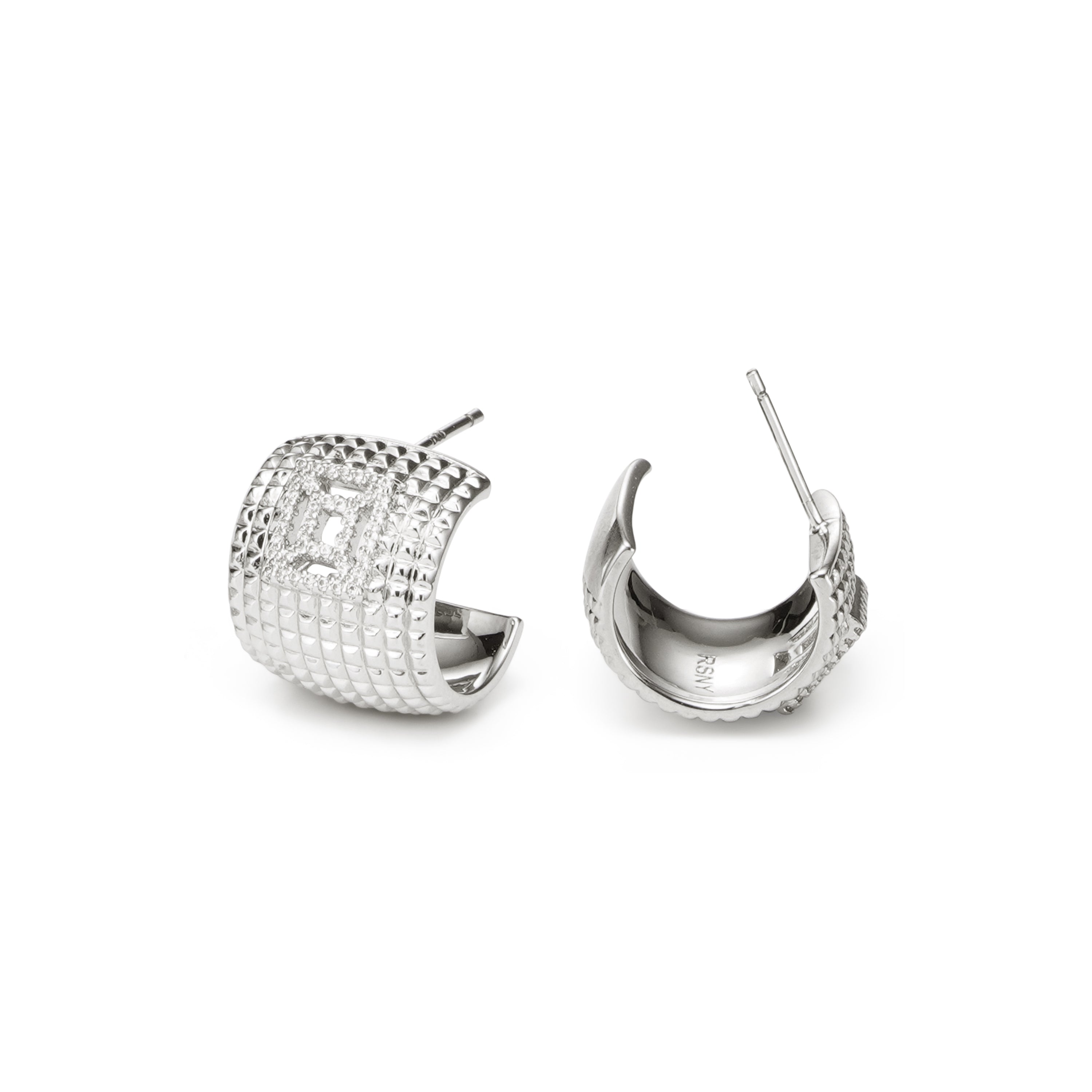 RSNY diamond pattern earrings - RSNY R2023A Copper Rhodium Plated/S925 Tremella Needle/Cubic Zirconia/Brand Ear Plug Weight: 7.9g Size: 17 * 14 * 13mm diamond pattern design elements/three-quarter-circle earrings/pure hand-inlaid skills/mirror-level Seiko polishing/lightweight brand craftsmanship