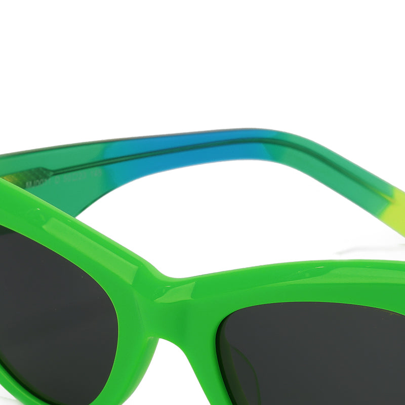 RSNY Dazzling SOFT Cat Eye Sunglasses - RSNY ·MJ0011D · Plate/nylon lenses · Frame width 145.7mm/temple length 145mm · Lens width 50mm/height 36.5mm · Unisex triangle cat glasses frame design/0 touch metal logo/widened temple is more comfortable to wear/fluorescent green frame and colorful gradual change color temple mix and match color matching