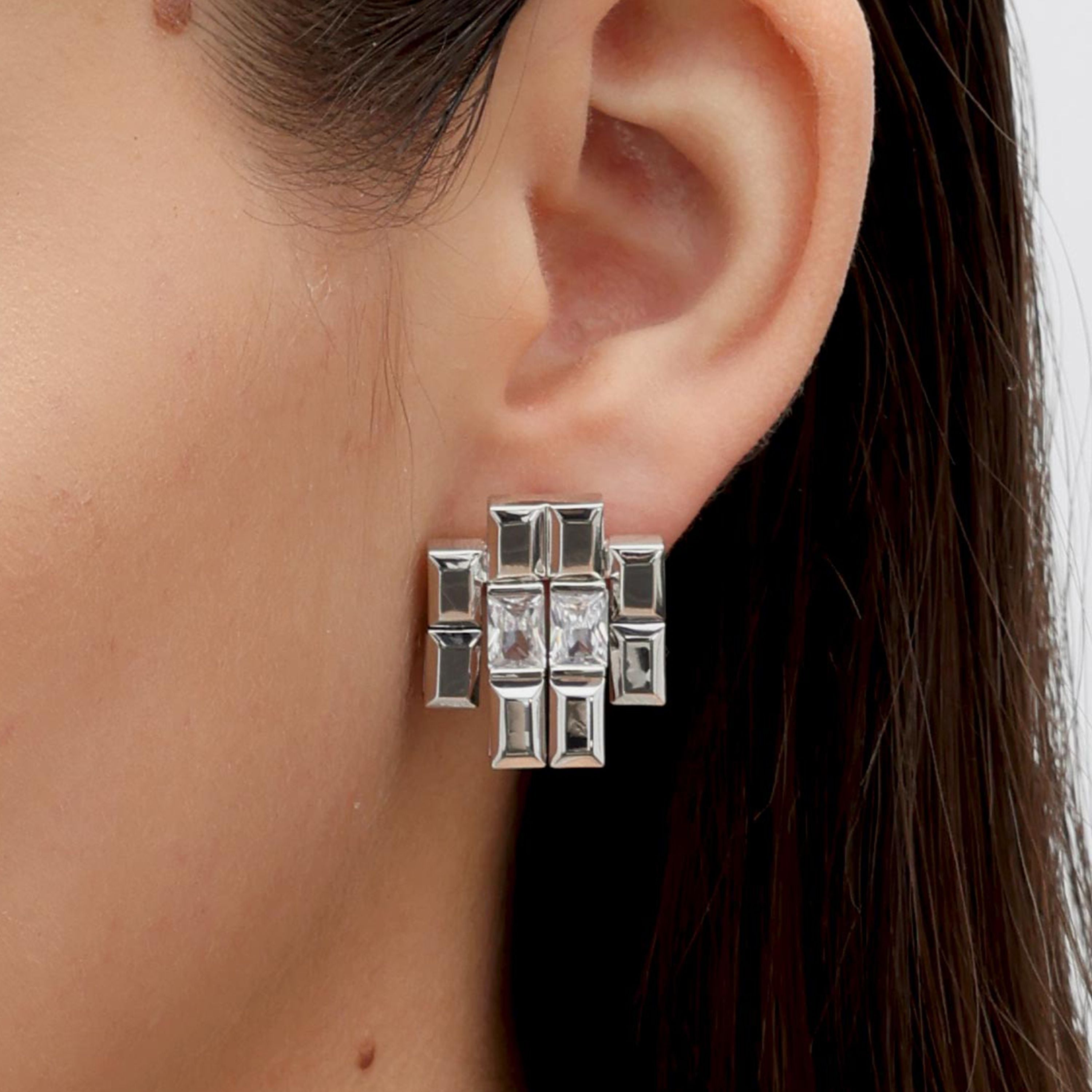 RSNY princess square splicing stud earrings - RSNY R2147A 铜镀铑/银耳针 约25*21*3mm 钻石型设计元素/时尚感几何造型/镜面级精工抛光/纯银高品质耳针