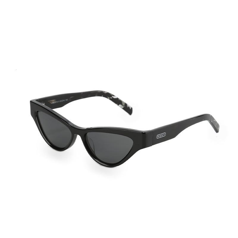 RSNY Dazzling SHARP Cat eye sunglasses - RSNY ·MJ0016A · Plate/nylon lenses · Frame width 145.3mm/temple length 145mm · Lens width 53mm/height 32.8mm · Unisex shining triangular cat eye design/0 touch metal logo/black frame and black and white petal texture color scheme