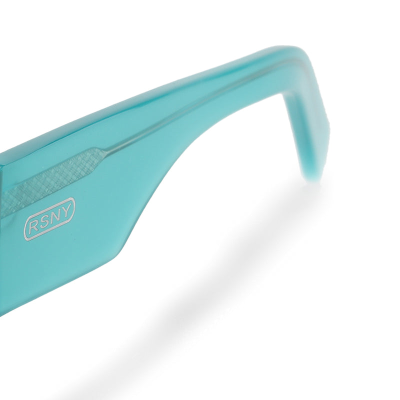 RSNY Grande SQUARE Sunglasses - RSNY ·MJ0013C · Plate/nylon lenses · Frame width 145.3mm/temple length 145mm Lens width 62.5mm/height 42.5mm · Unisex flat embedded square frame design/0 touch metal logo/widened temple to wear more comfortable/lake blue frame and 50 degrees transparent blue temple gradual change color scheme