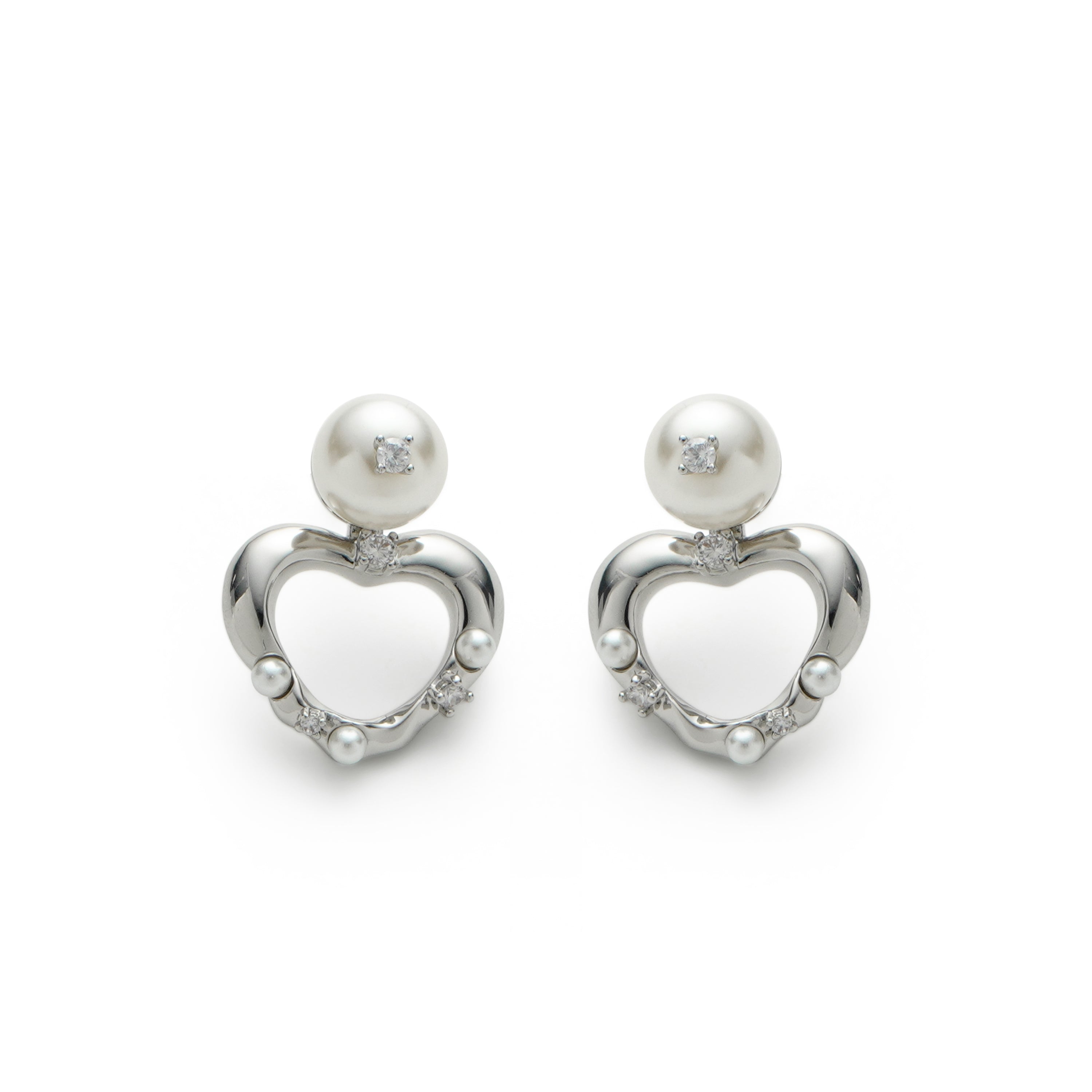 RSNY heart stud earrings - RSNY F1046A 铜镀铑/银耳针/白色贝珠 约21*29*13mm 爱心型设计元素/通勤款几何造型/纯银高品质耳针/优选精品级贝珠