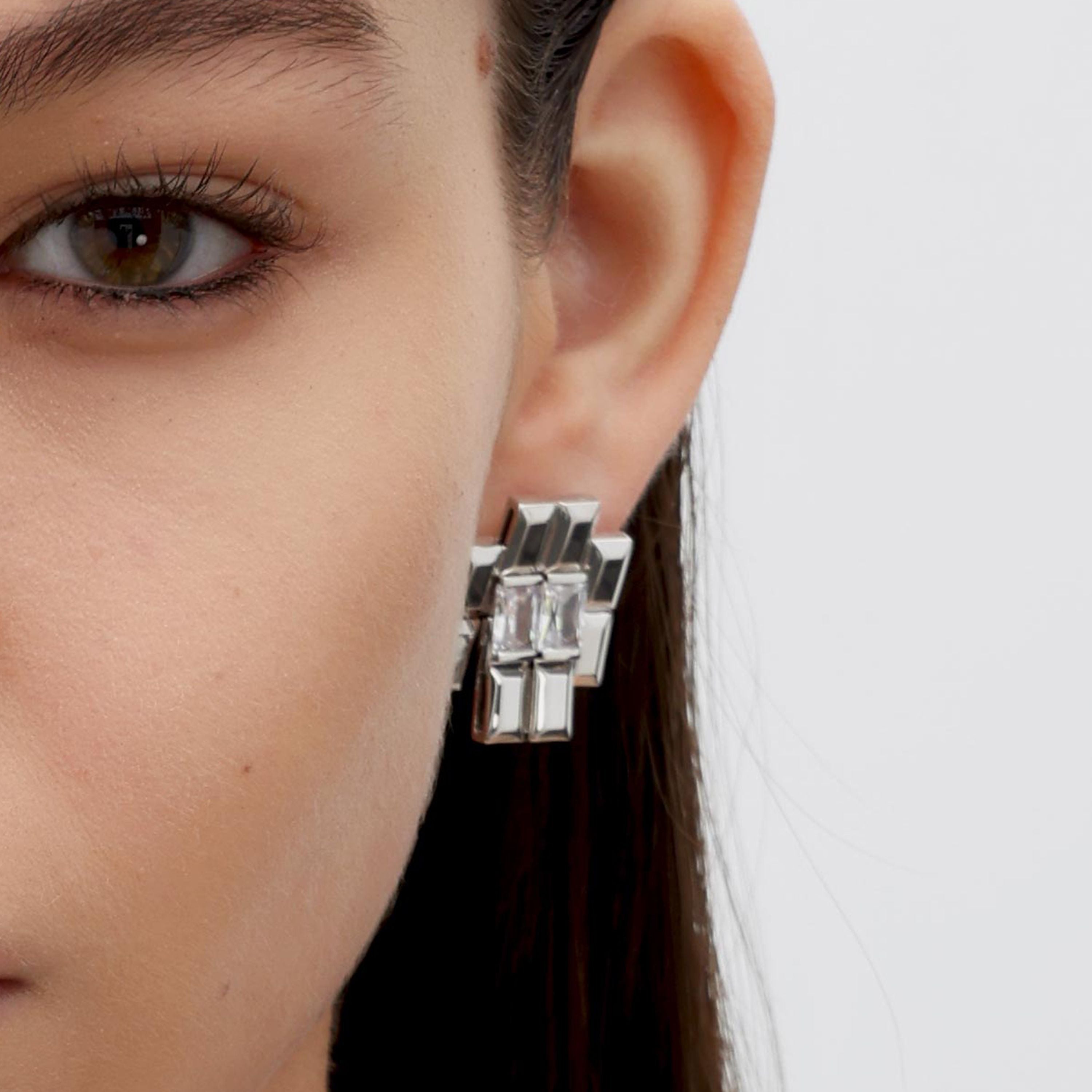 RSNY princess square splicing stud earrings - RSNY R2147A 铜镀铑/银耳针 约25*21*3mm 钻石型设计元素/时尚感几何造型/镜面级精工抛光/纯银高品质耳针