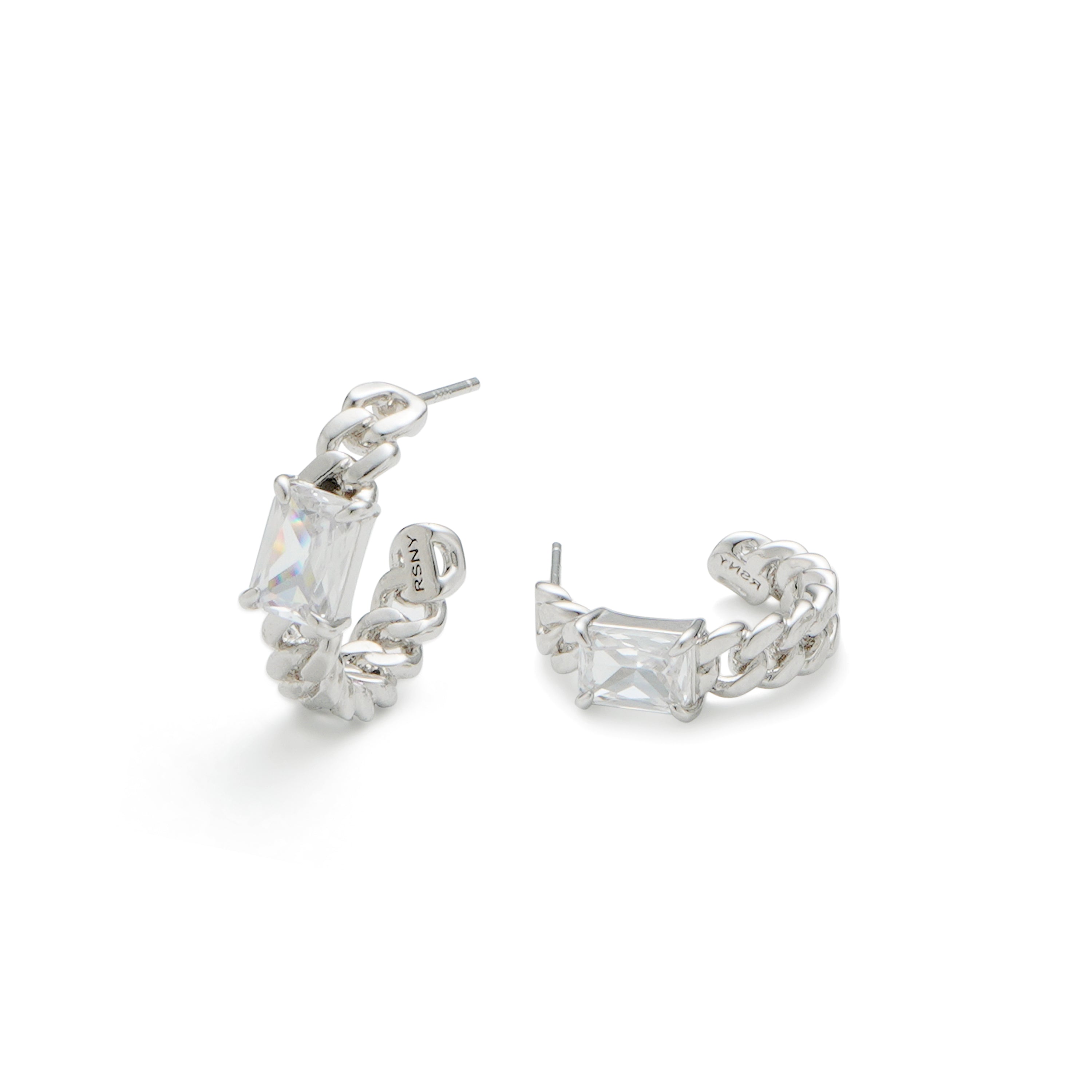 RSNY princess square chain earrings - RSNY R2106A 铜镀铑/银耳针 约6*19*20mm 几何感切面造型/镜面级精工抛光/精致感细节处理/精选优质仿钻石