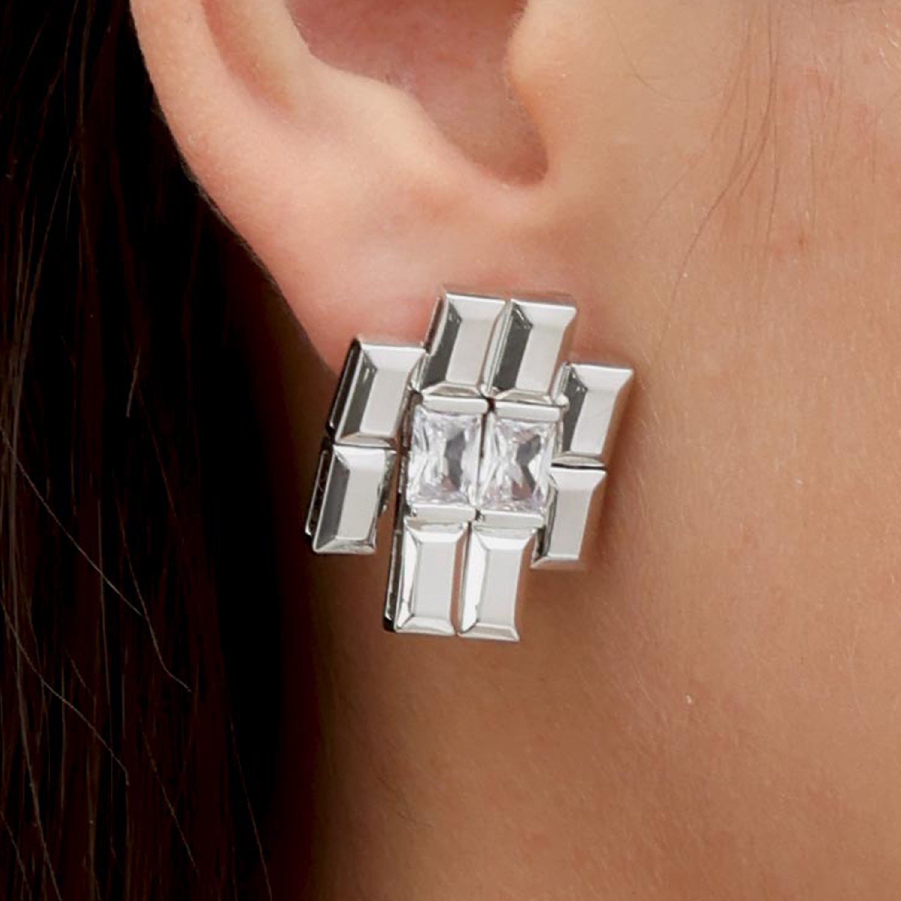 RSNY princess square splicing stud earrings - RSNY R2147A 铜镀铑/银耳针 约25*21*3mm 钻石型设计元素/时尚感几何造型/镜面级精工抛光/纯银高品质耳针
