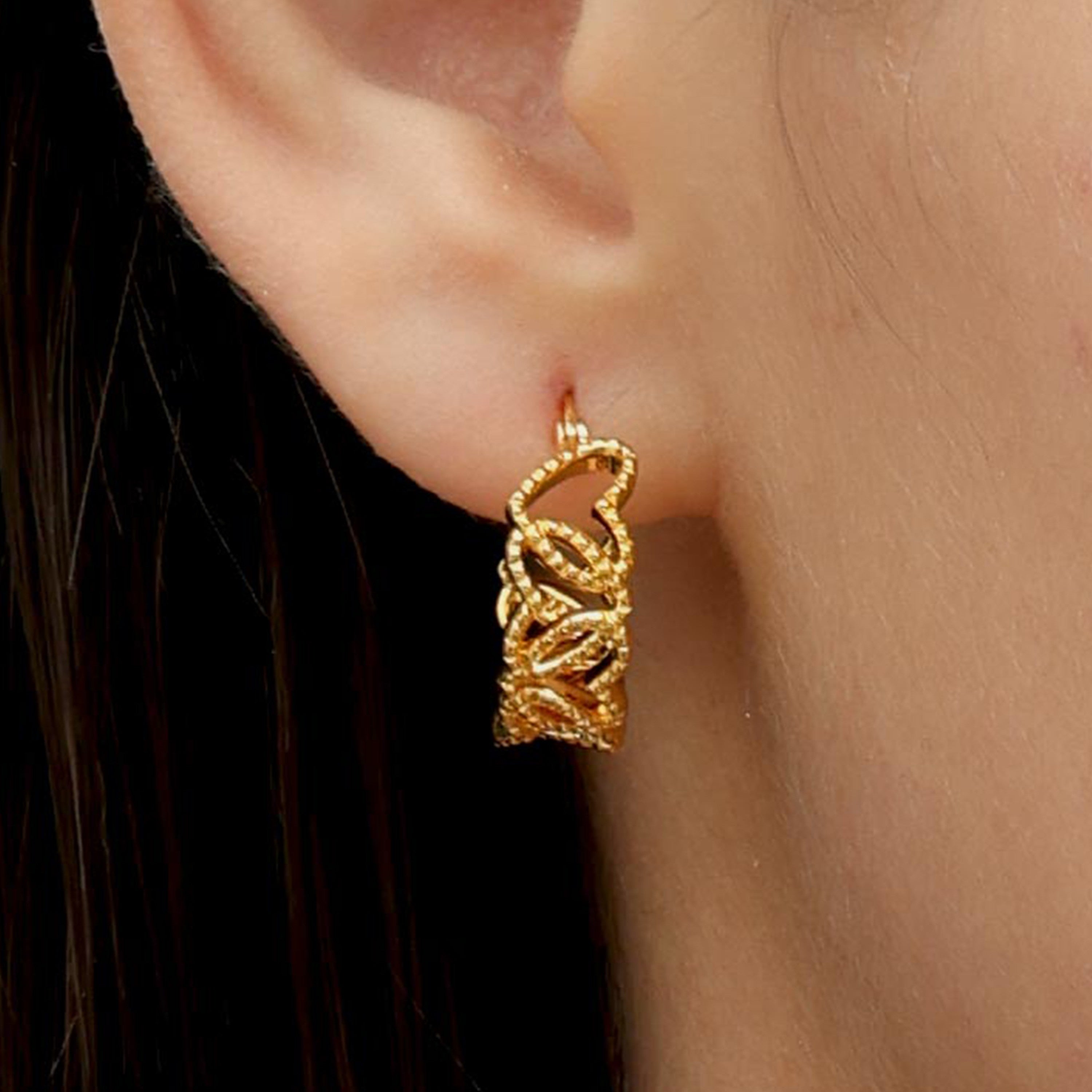 RSNY Diamond Textured Love Earrings - RSNY R2066A copper gold-plated/S925 Tremella needle, weight: 5.5g Size: 18 * 7 * 20mm diamond pattern love element/lightweight hollowing process/pure manual inlay technology/mirror grade Seiko polishing