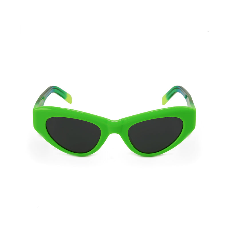 RSNY Dazzling SOFT Cat Eye Sunglasses - RSNY ·MJ0011D · Plate/nylon lenses · Frame width 145.7mm/temple length 145mm · Lens width 50mm/height 36.5mm · Unisex triangle cat glasses frame design/0 touch metal logo/widened temple is more comfortable to wear/fluorescent green frame and colorful gradual change color temple mix and match color matching