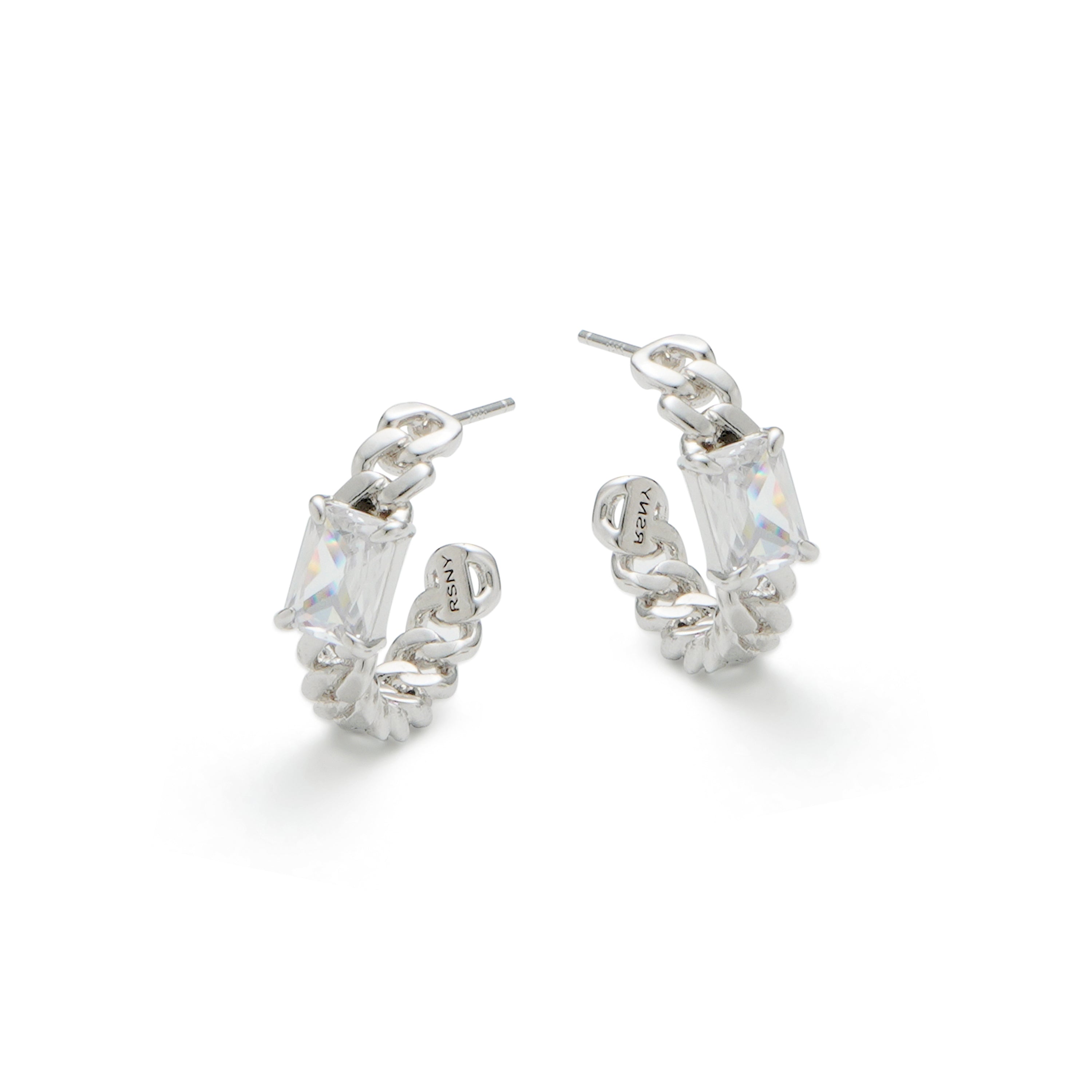 RSNY princess square chain earrings - RSNY R2106A 铜镀铑/银耳针 约6*19*20mm 几何感切面造型/镜面级精工抛光/精致感细节处理/精选优质仿钻石