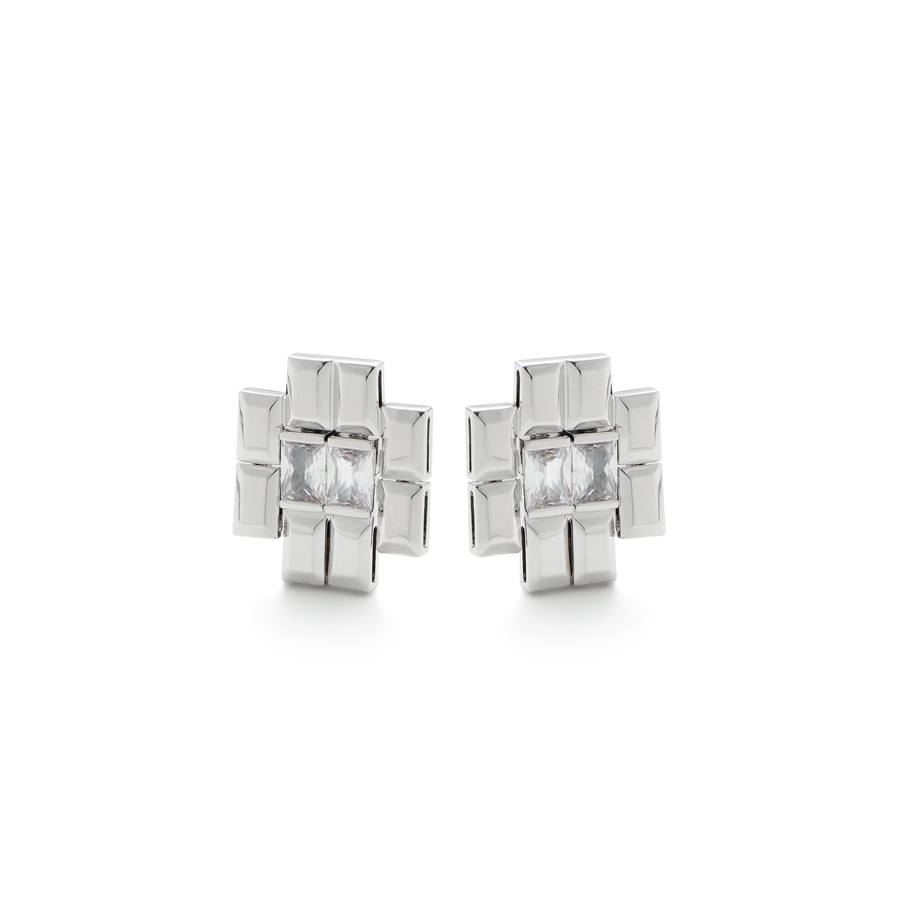 RSNY princess square splicing stud earrings - RSNY R2147A 铜镀铑/银耳针 约25*21*3mm 钻石型设计元素/时尚感几何造型/镜面级精工抛光/纯银高品质耳针
