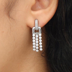 RSNY fringed stud earrings - RSNY R2135A Copper Rhodium Plated/Tremella Needle Size: 10 * 32 * 4mm Diamond pattern chain elements/fashion sense geometric shape/selected high-quality imitation diamonds/exquisite sense of detail processing