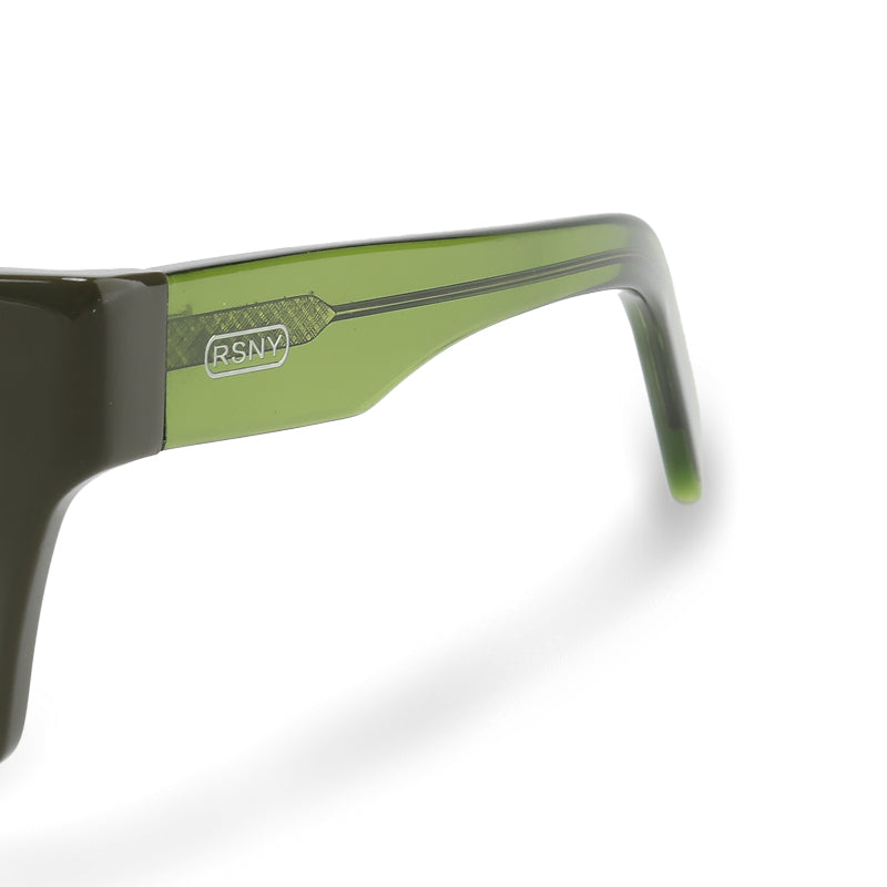 RSNY Glam SQUARE Sunglasses - RSNY ·MJ0012C · Plate/nylon lenses · Frame width 145.6mm/temple length 145mm · Lens width 53mm/height 36.9mm · Unisex attractive geometric square frame design/0 touch metal logo/bold frame for more visual focus/tea green frame and transparent green temple mix and match color matching