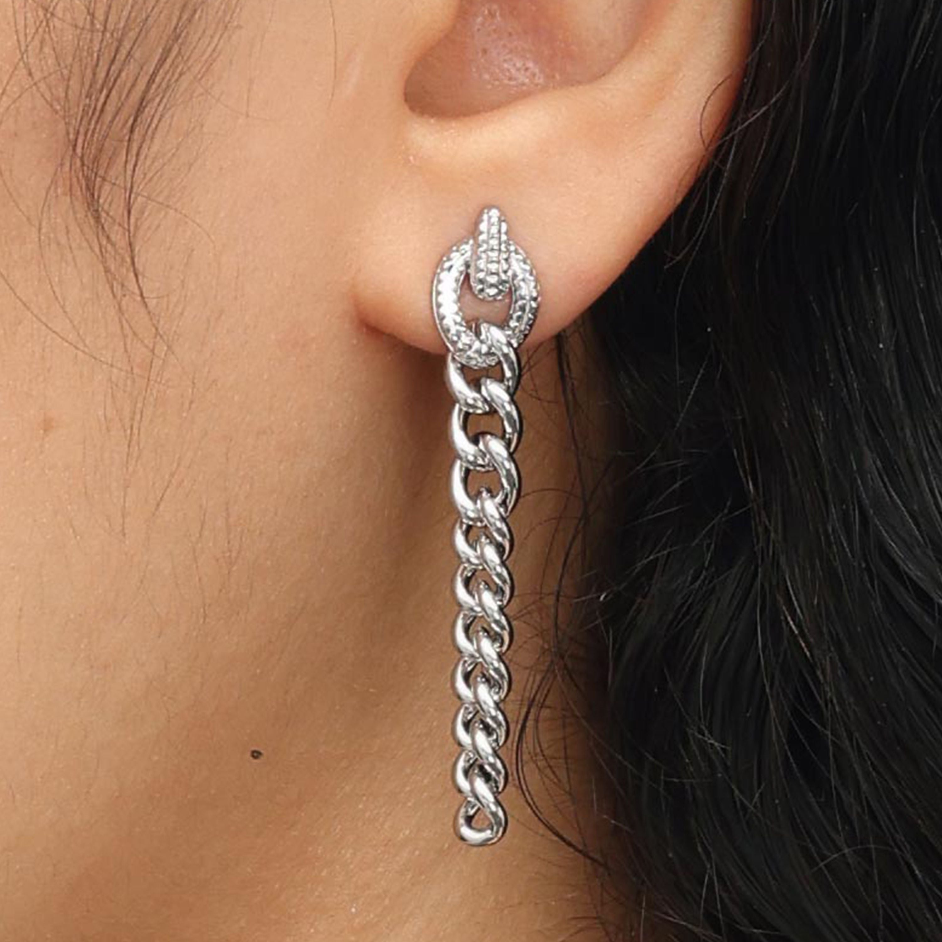 RSNY Double Wear Earring Chain - RSNY R2084A 铜镀铑/银耳针约8*48*4mm 钻石纹设计元素/时尚绕圈纹设计/精致感细节处理/纯银高品质耳针