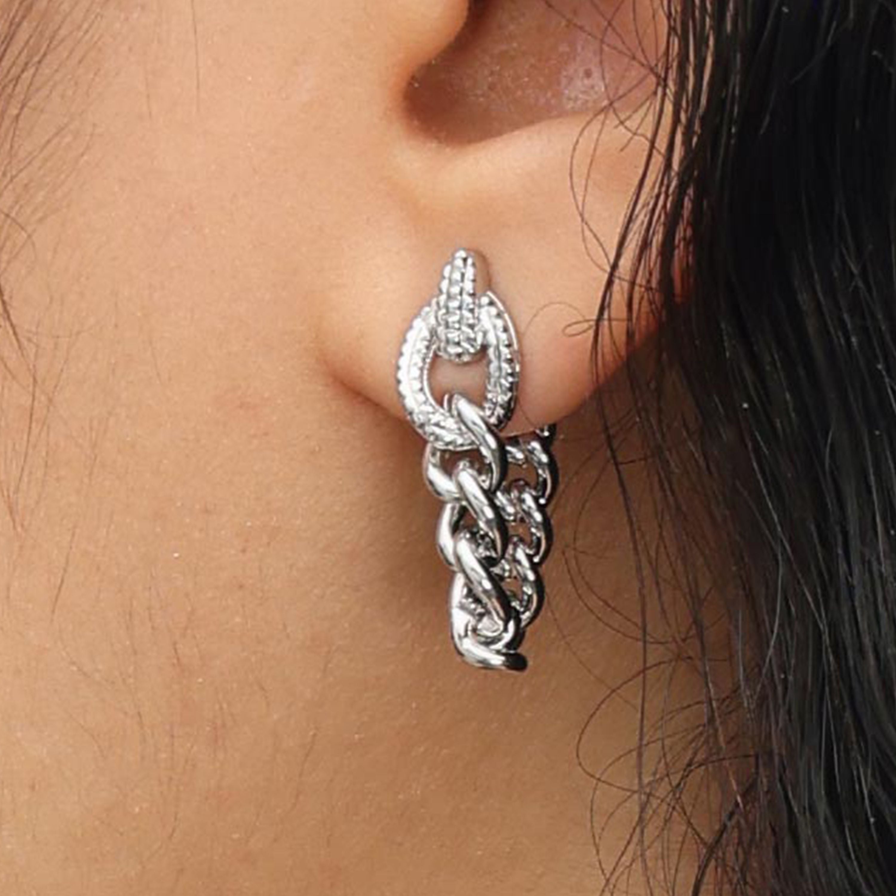 RSNY Double Wear Earring Chain - RSNY R2084A 铜镀铑/银耳针约8*48*4mm 钻石纹设计元素/时尚绕圈纹设计/精致感细节处理/纯银高品质耳针