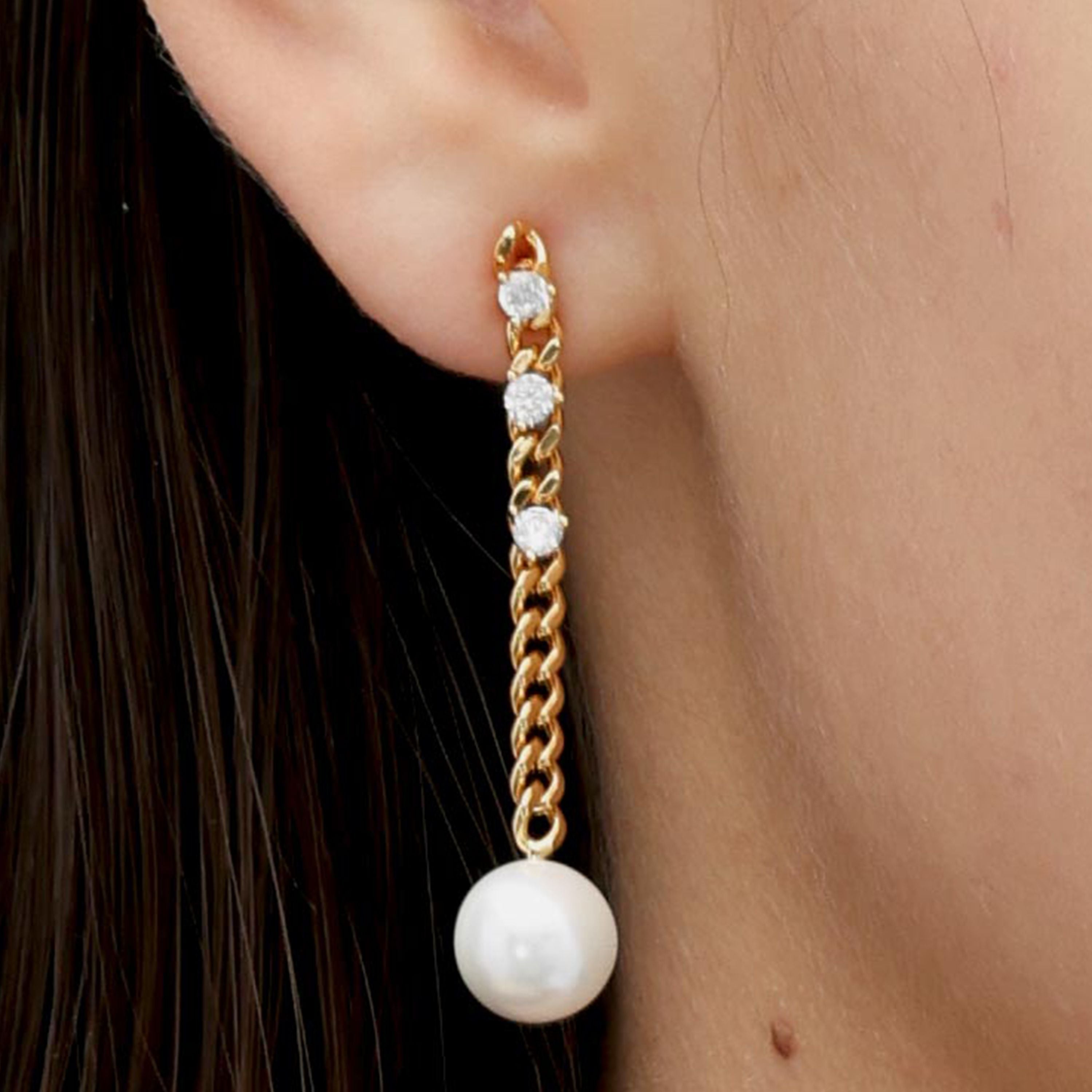RSNY pearl soft chain earrings - RSNY R2167B 铜镀金/银耳针 约19*22*10mm 通勤款简约造型/纯手工镶嵌技艺/优选精品级贝珠/轻量化品牌工艺