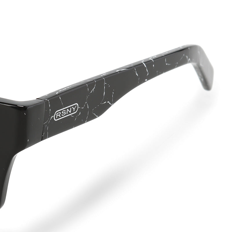 RSNY Glam SQUARE Sunglasses - RSNY ·MJ0012A · Plate/nylon lenses · Frame width 145.6mm/temple length 145mm · Lens width 53mm/height 36.9mm · Unisex attractive geometric square frame design/0 touch metal logo/bold frame for more visual focus/black marble temple shows personal taste