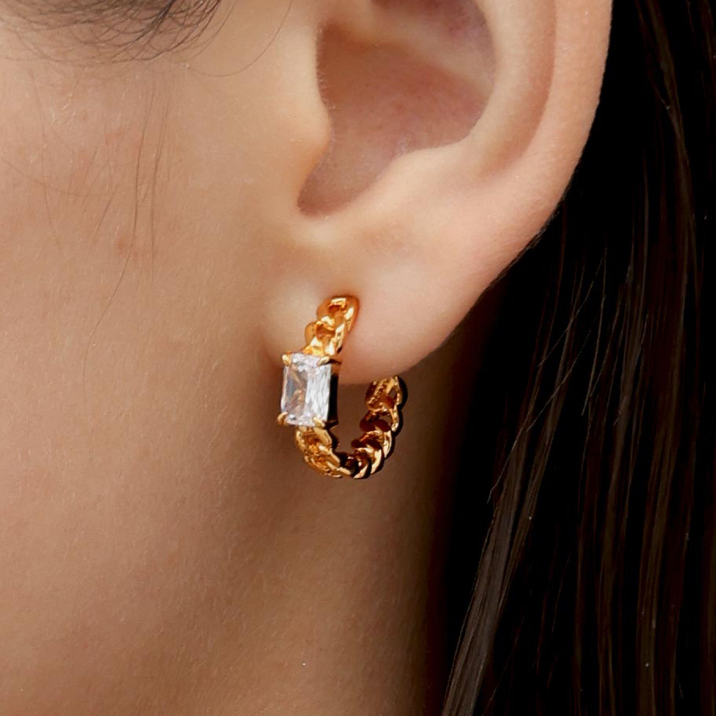 RSNY Princess Square Chain Earrings - RSNY R2106B 铜镀金/银耳针 约6*19*20mm 几何感切面造型/镜面级精工抛光/精致感细节处理/精选优质仿钻石