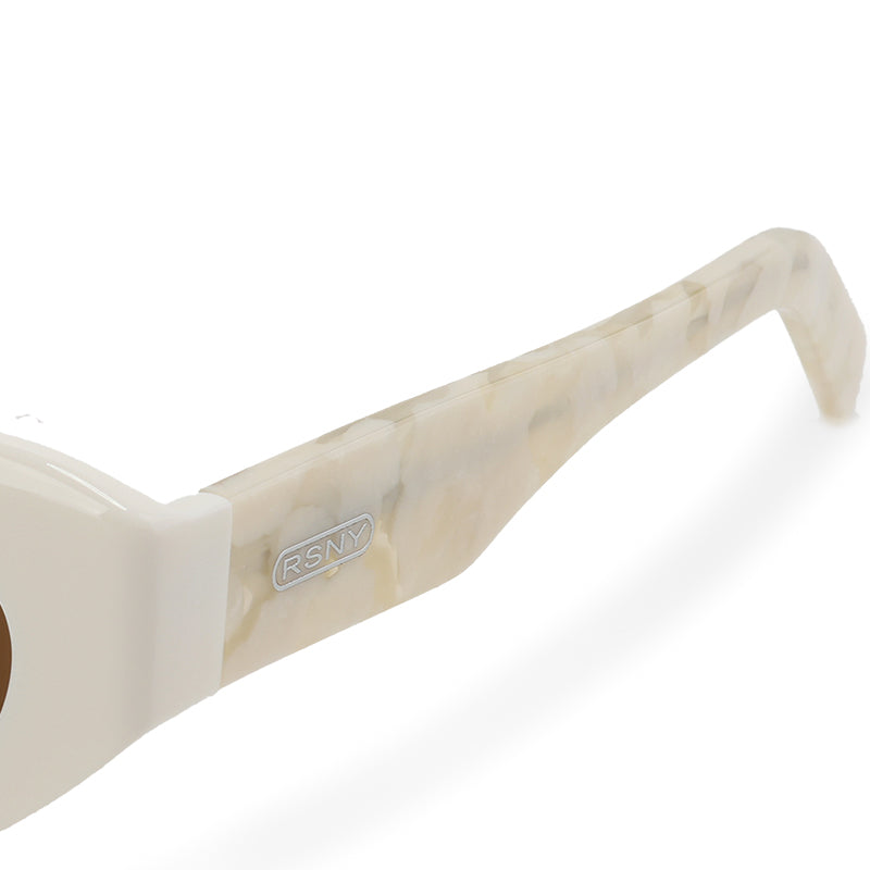 RSNY Dazzling SOFT Cat Eye Sunglasses - RSNY ·MJ0011C · Plate/nylon lenses · Frame width 145.7mm/temple length 145mm · Lens width 50mm/height 36.5mm · Unisex triangular cat glasses frame design/0 touch metal logo/widened temple is more comfortable to wear/milky white frame and gray texture temple mix and match color matching