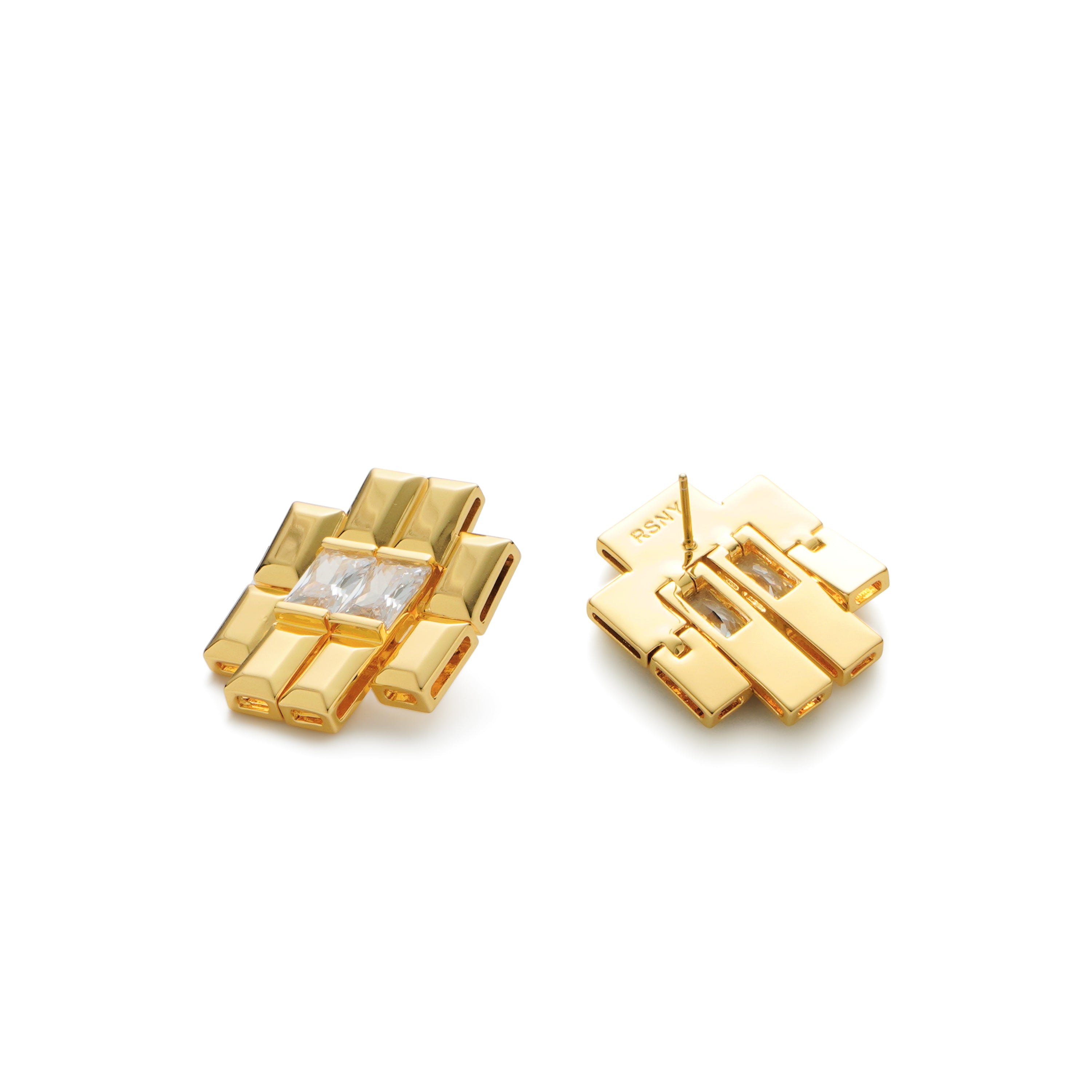 RSNY princess square splicing stud earrings - RSNY R2147B 铜镀金/银耳针 约25*21*3mm 钻石型设计元素/时尚感几何造型/镜面级精工抛光/纯银高品质耳针