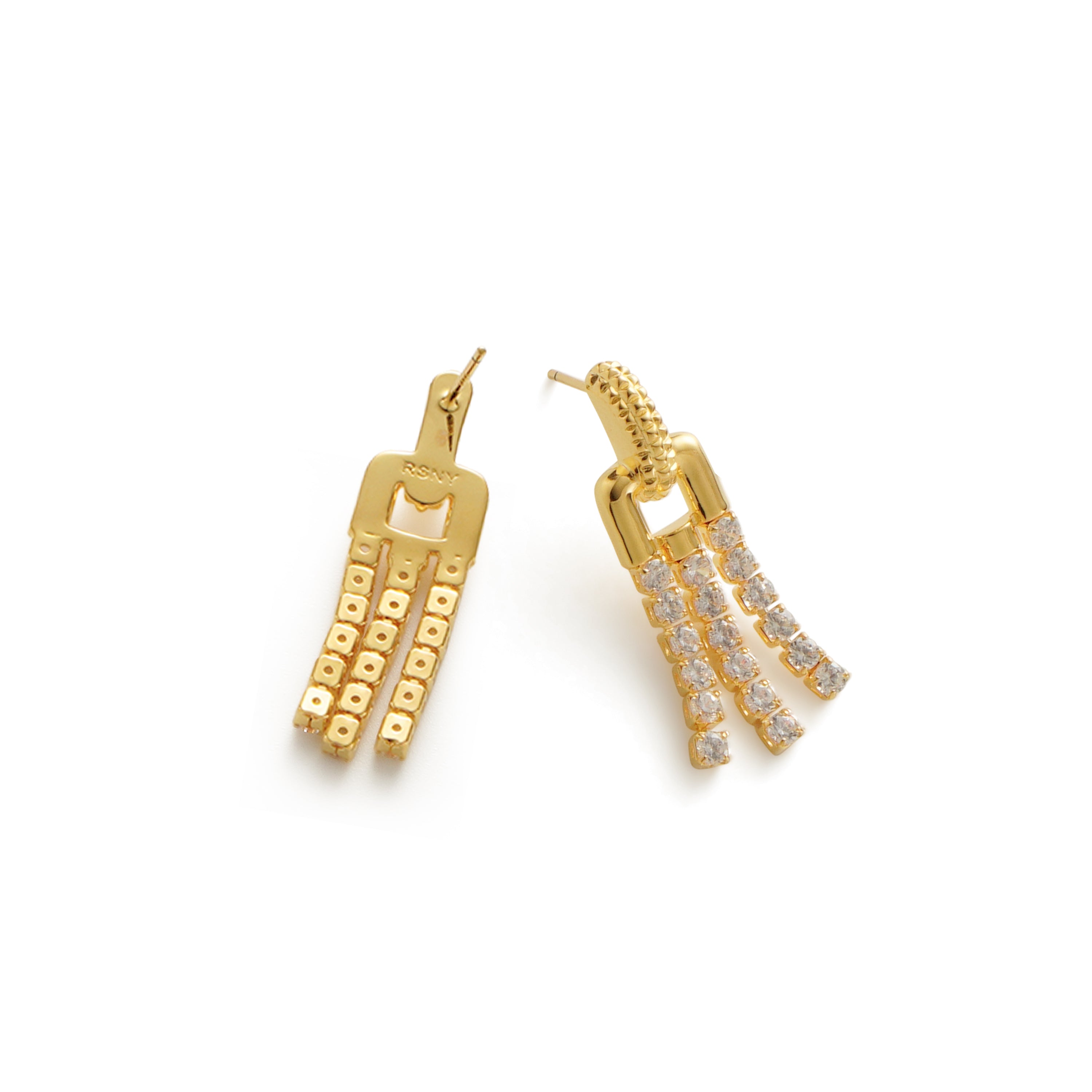 RSNY fringed stud earrings - RSNY R2135B 铜镀金/银耳针 约10*32*4mm 钻石纹链条元素/时尚感几何造型/精选优质仿钻石/精致感细节处理