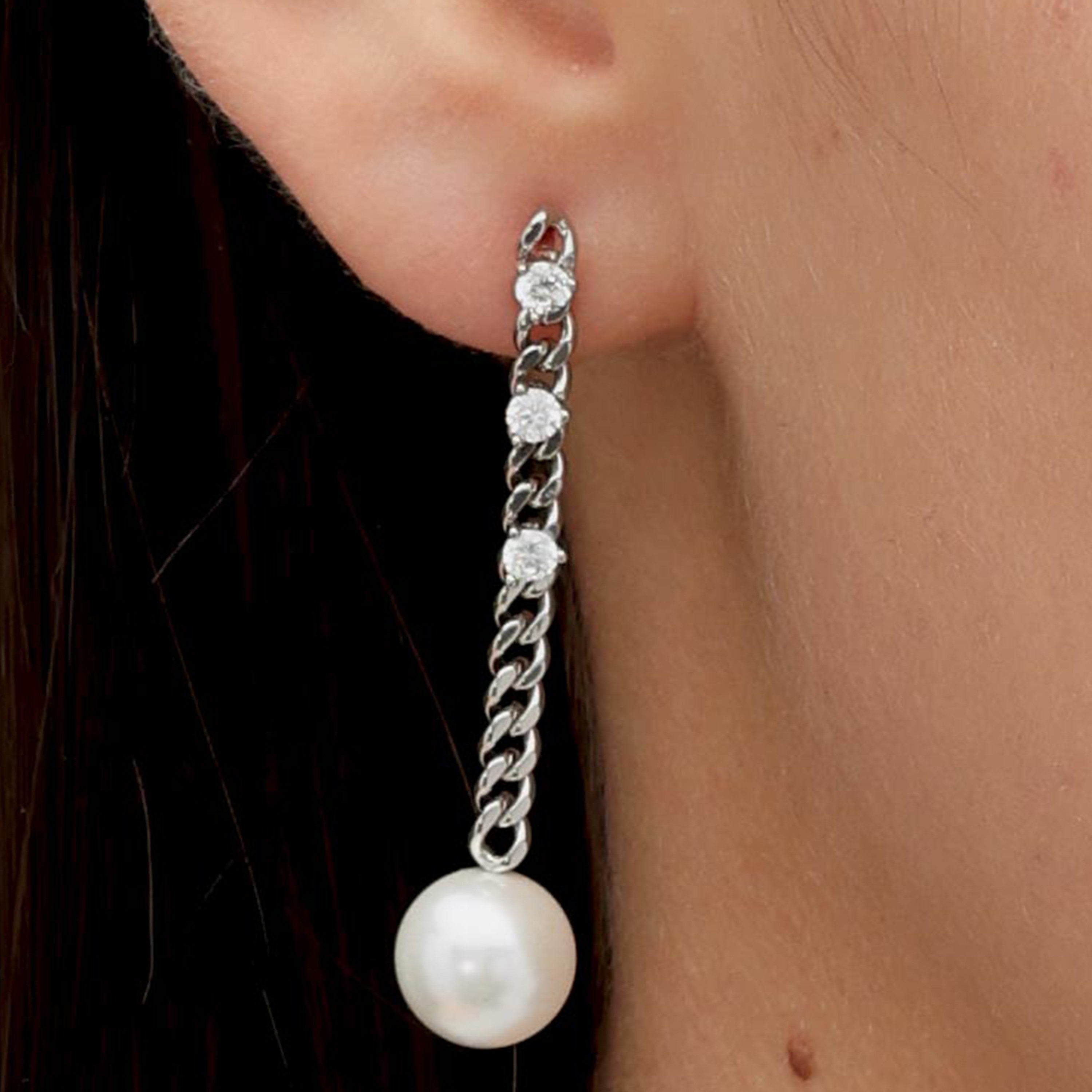 RSNY pearl soft chain earrings - RSNY R2167A 铜镀铑/银耳针 约19*22*10mm 通勤款简约造型/纯手工镶嵌技艺/优选精品级贝珠/轻量化品牌工艺