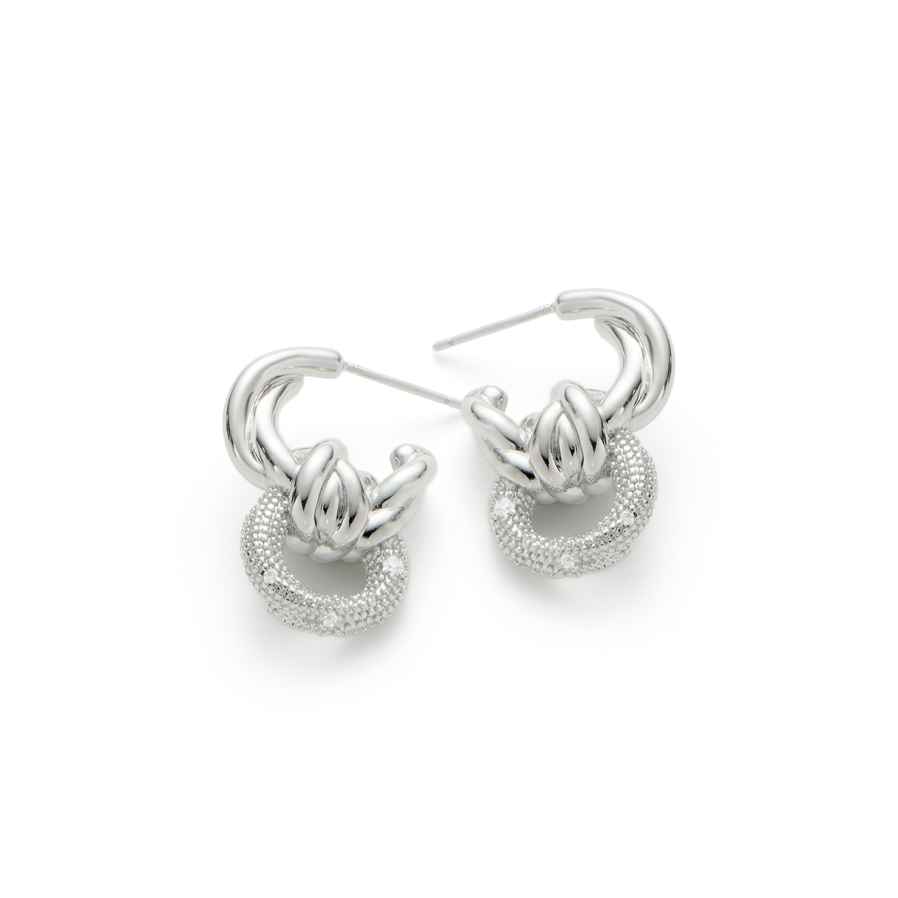 RSNY geometric abstract winding stud earrings - RSNY R2186A 铜镀铑/银耳针 约24*16*9mm 钻石纹链条元素/交错环几何造型/轻量化品牌工艺/微厚重精巧质感