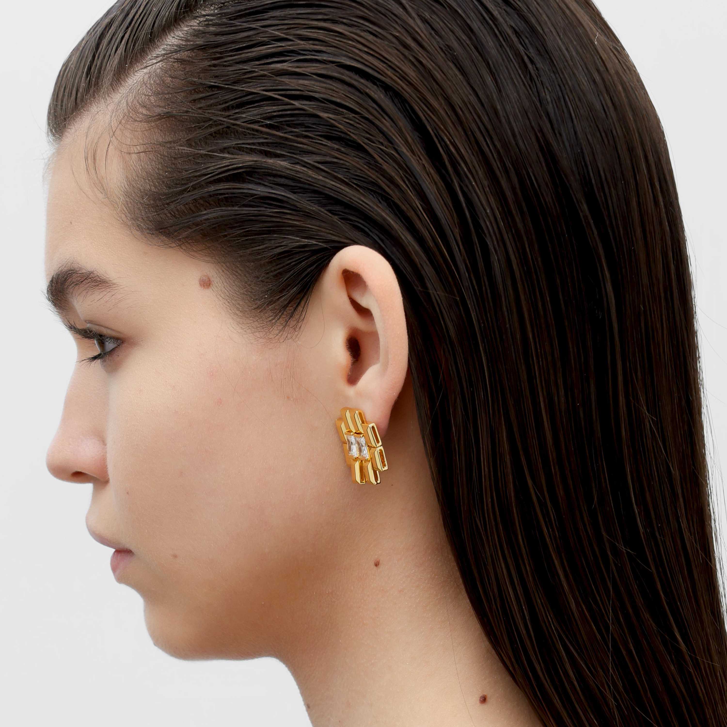 RSNY princess square splicing stud earrings - RSNY R2147B 铜镀金/银耳针 约25*21*3mm 钻石型设计元素/时尚感几何造型/镜面级精工抛光/纯银高品质耳针