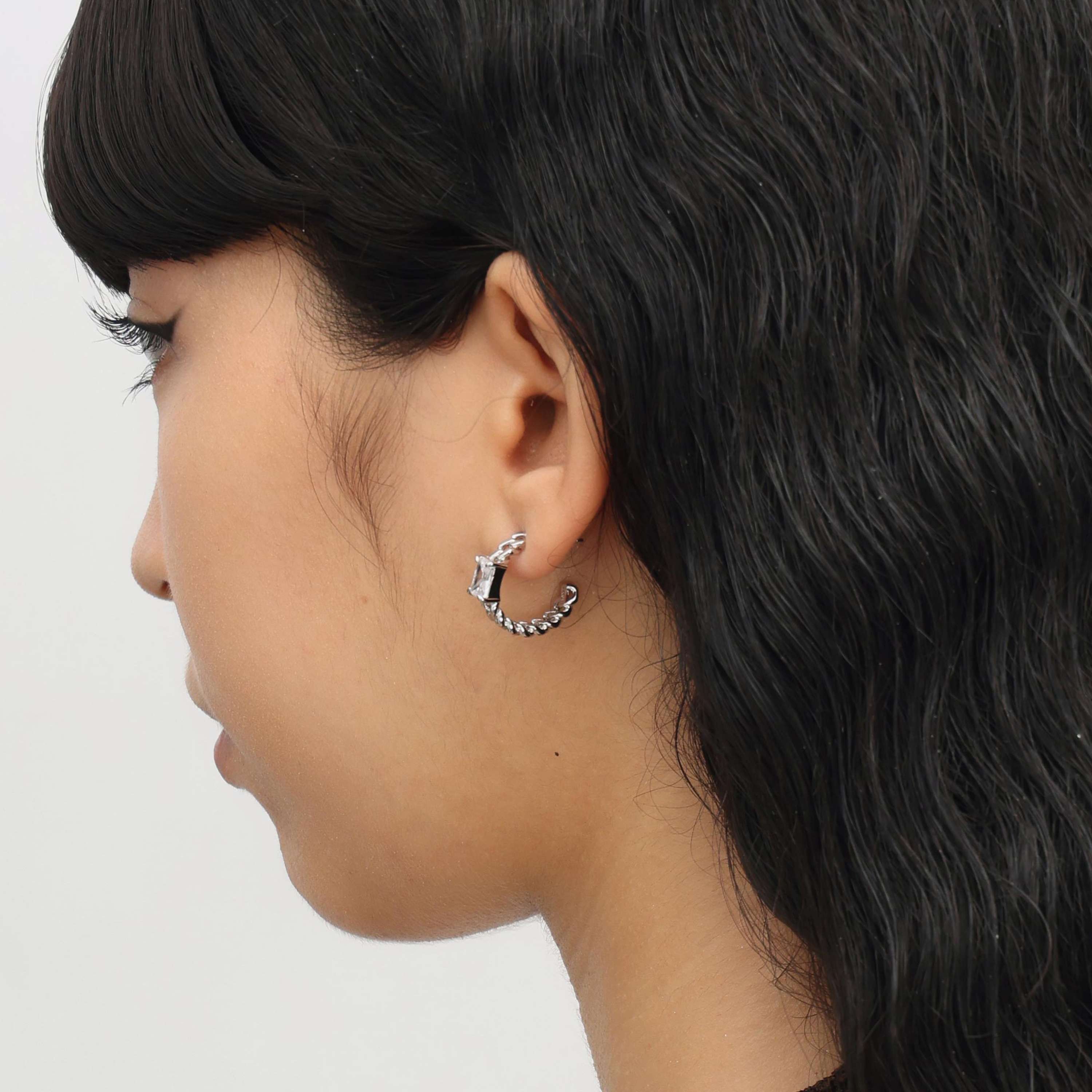 RSNY princess square chain earrings - RSNY R2106A 铜镀铑/银耳针 约6*19*20mm 几何感切面造型/镜面级精工抛光/精致感细节处理/精选优质仿钻石