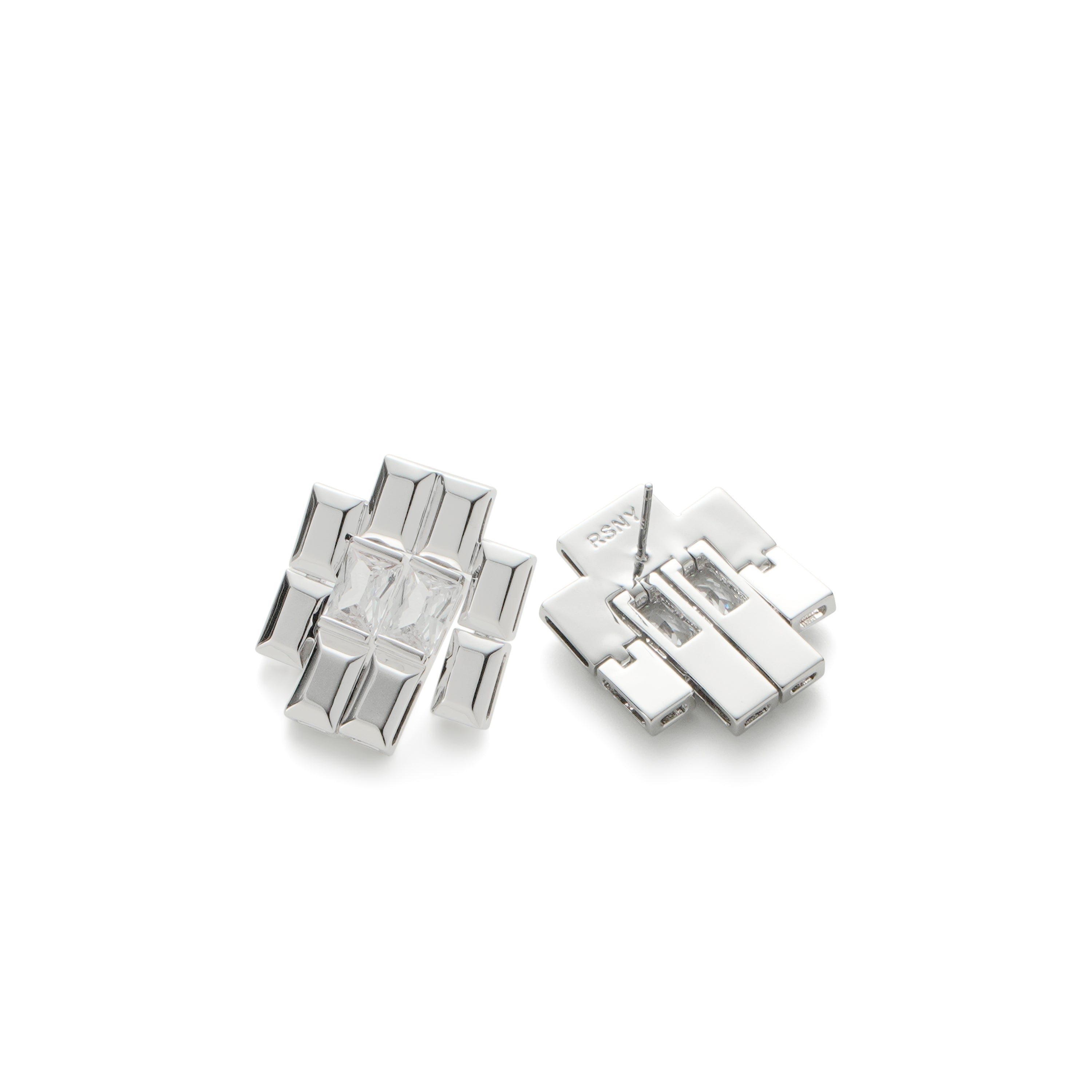RSNY princess square splicing stud earrings - RSNY R2147A 铜镀铑/银耳针 约25*21*3mm 钻石型设计元素/时尚感几何造型/镜面级精工抛光/纯银高品质耳针