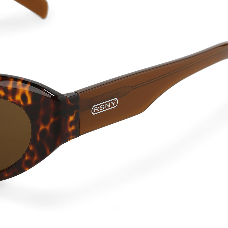 RSNY Dazzling SOFT Cat Eye Sunglasses - RSNY ·MJ0011B · Plate/nylon lenses · Frame width 145.7mm/temple length 145mm · Lens width 50mm/height 36.5mm · Unisex triangular cat glasses frame design/0 touch metal logo/widened temple is more comfortable to wear/tortoiseshell color frame and brown temple mix and match color matching