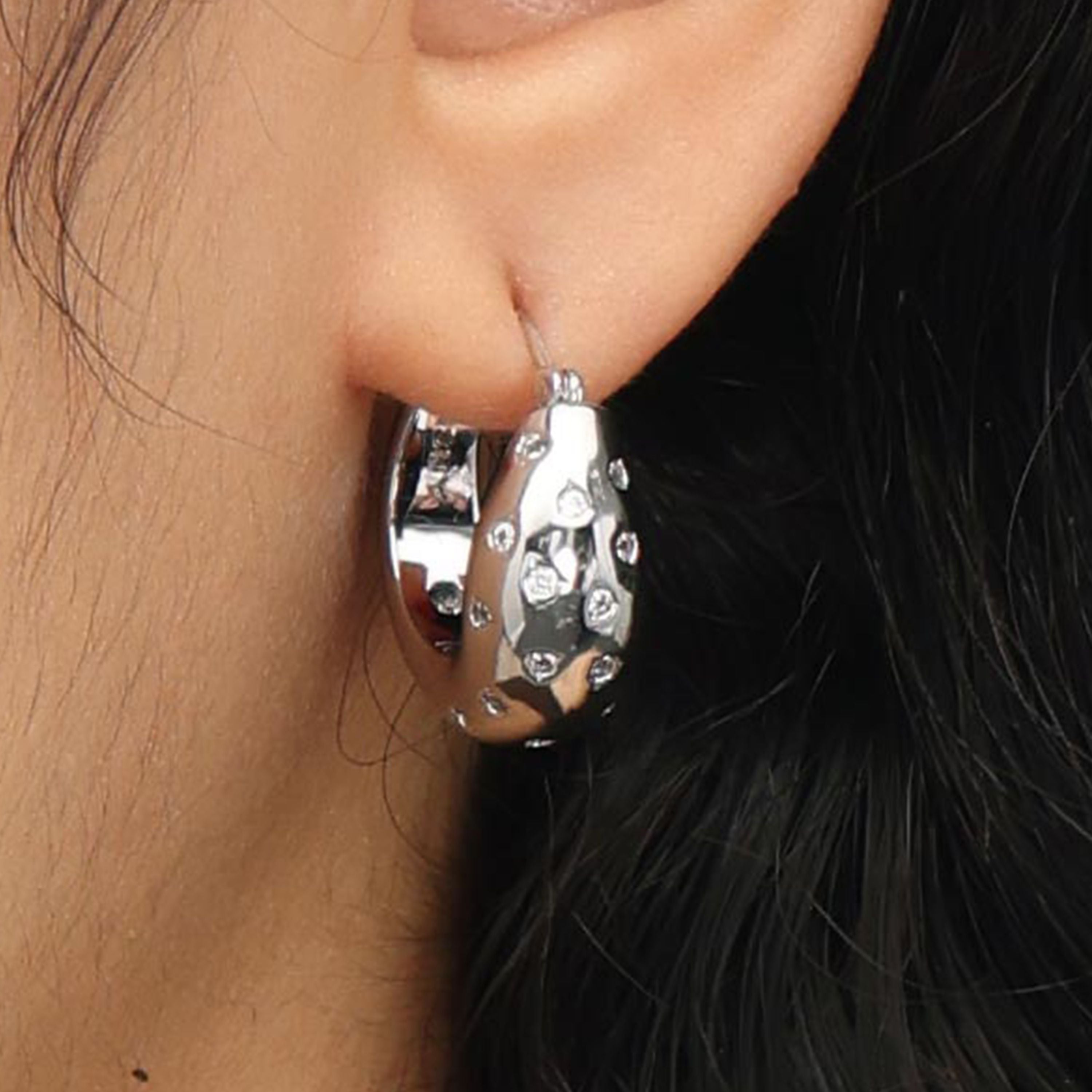 RSNY simple line earrings - RSNY R2123A 铜镀铑/银耳针 约10*21*21mm 立体感几何设计/镜面级精工抛光/精选优质仿钻石/纯银高品质耳针