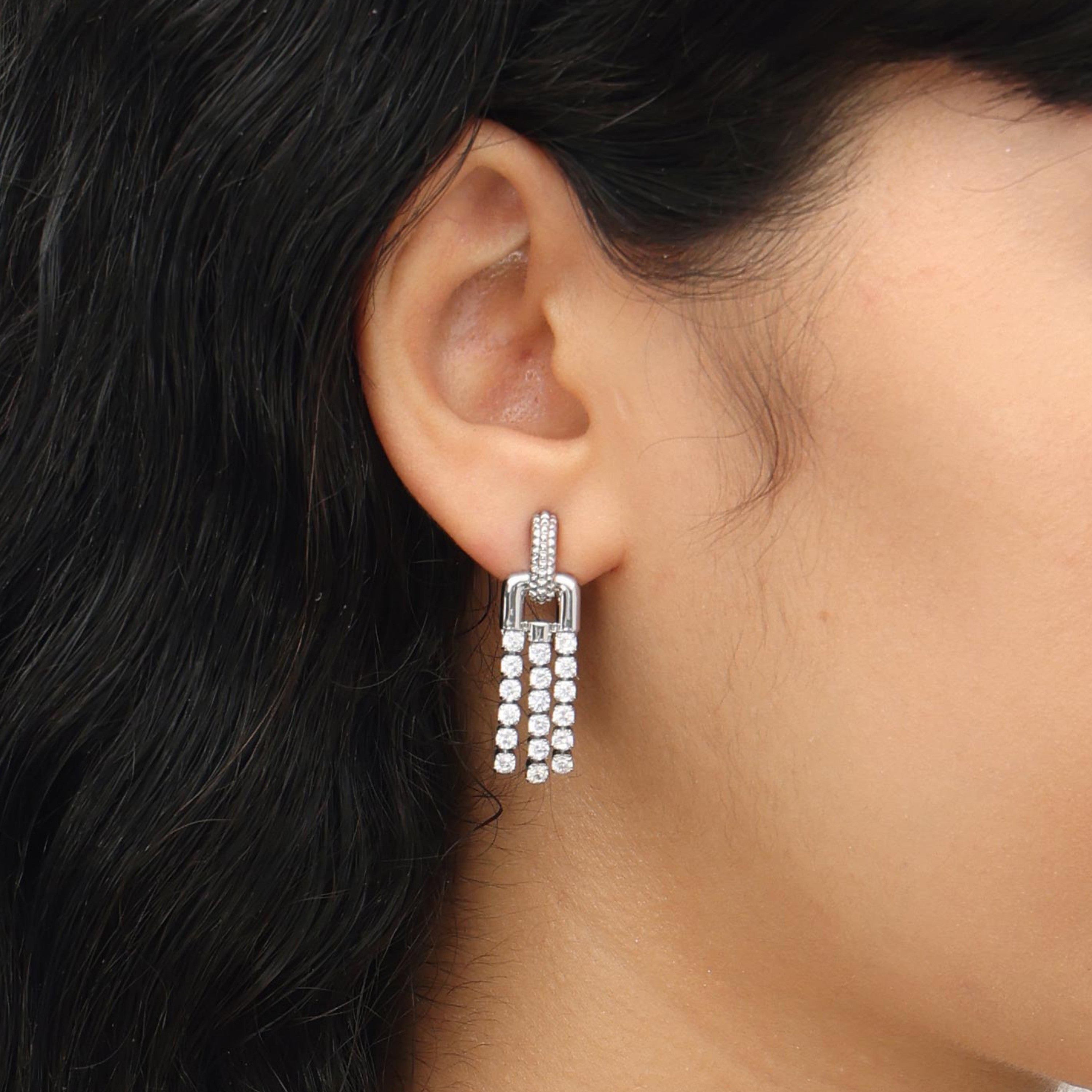 RSNY fringed stud earrings - RSNY R2135A Copper Rhodium Plated/Tremella Needle Size: 10 * 32 * 4mm Diamond pattern chain elements/fashion sense geometric shape/selected high-quality imitation diamonds/exquisite sense of detail processing