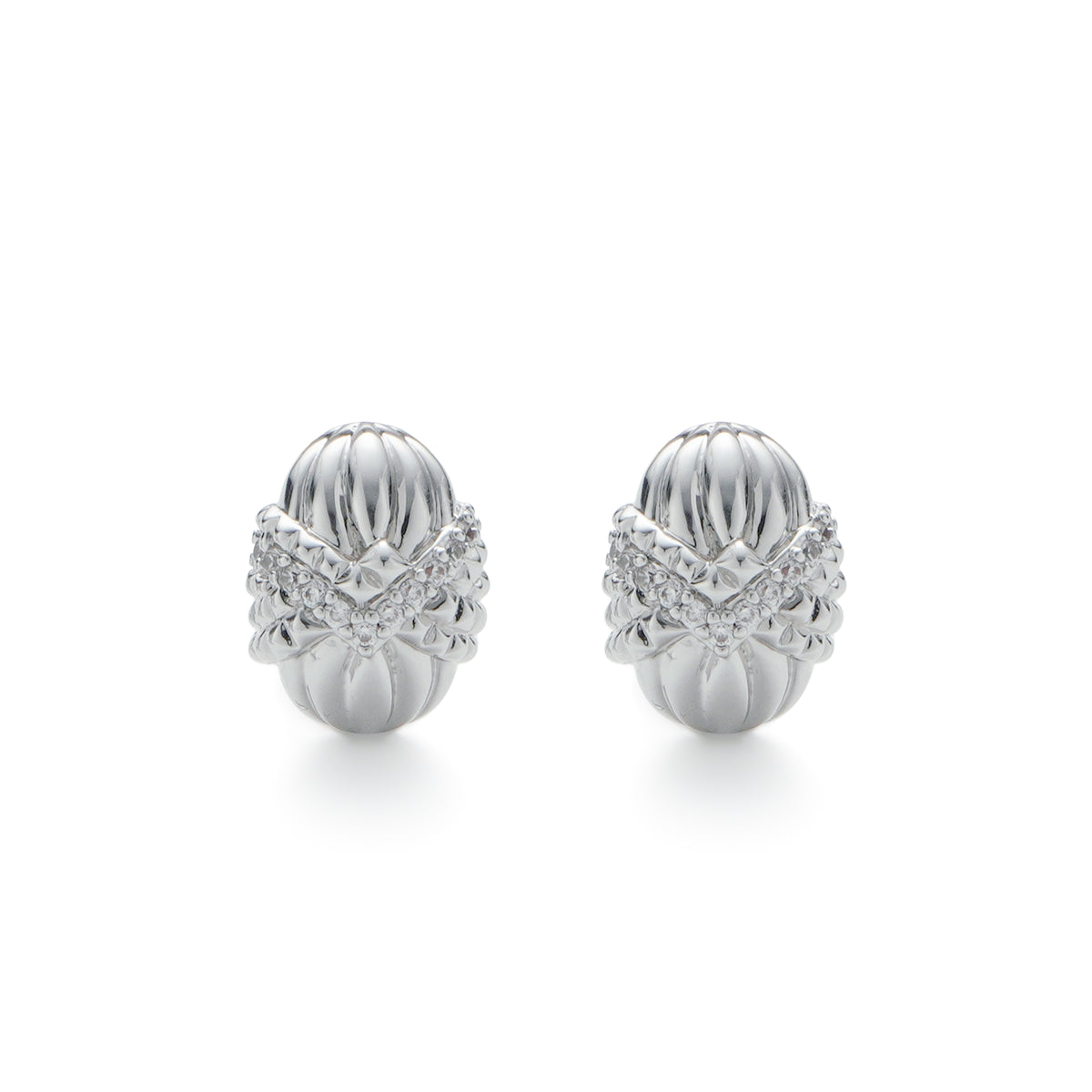 RSNY Roman Styling Earrings - RSNY R2122A 铜镀铑/银耳针 约12*17*18mm 钻石纹设计元素/交错环几何造型/纯手工精雕工艺/高韧性弹簧耳扣