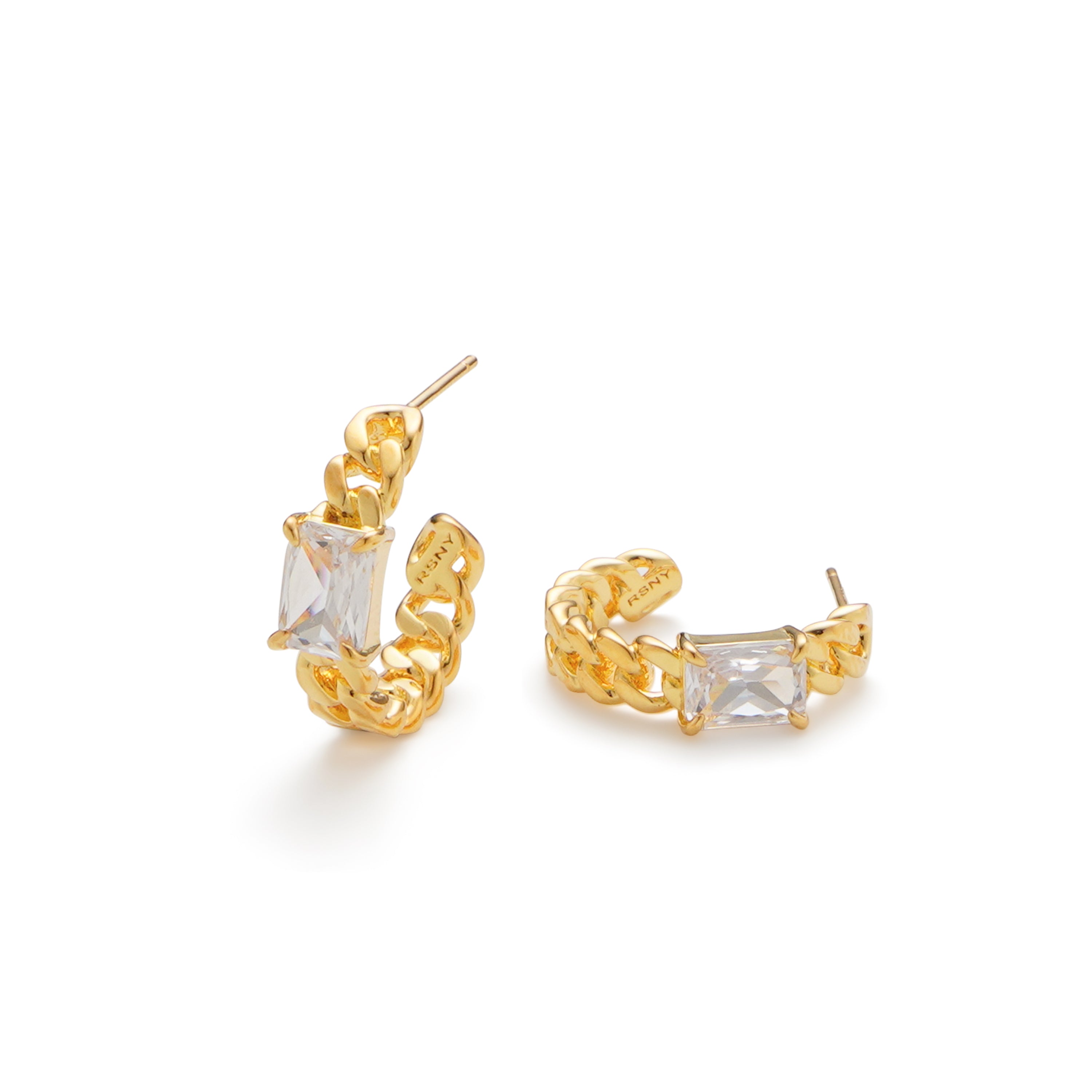 RSNY Princess Square Chain Earrings - RSNY R2106B 铜镀金/银耳针 约6*19*20mm 几何感切面造型/镜面级精工抛光/精致感细节处理/精选优质仿钻石
