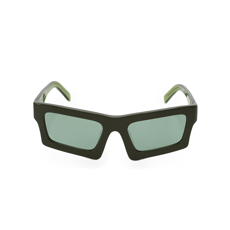 RSNY Glam SQUARE Sunglasses - RSNY ·MJ0012C · Plate/nylon lenses · Frame width 145.6mm/temple length 145mm · Lens width 53mm/height 36.9mm · Unisex attractive geometric square frame design/0 touch metal logo/bold frame for more visual focus/tea green frame and transparent green temple mix and match color matching