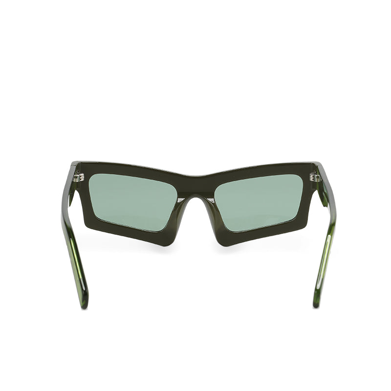 RSNY Glam SQUARE Sunglasses - RSNY ·MJ0012C · Plate/nylon lenses · Frame width 145.6mm/temple length 145mm · Lens width 53mm/height 36.9mm · Unisex attractive geometric square frame design/0 touch metal logo/bold frame for more visual focus/tea green frame and transparent green temple mix and match color matching