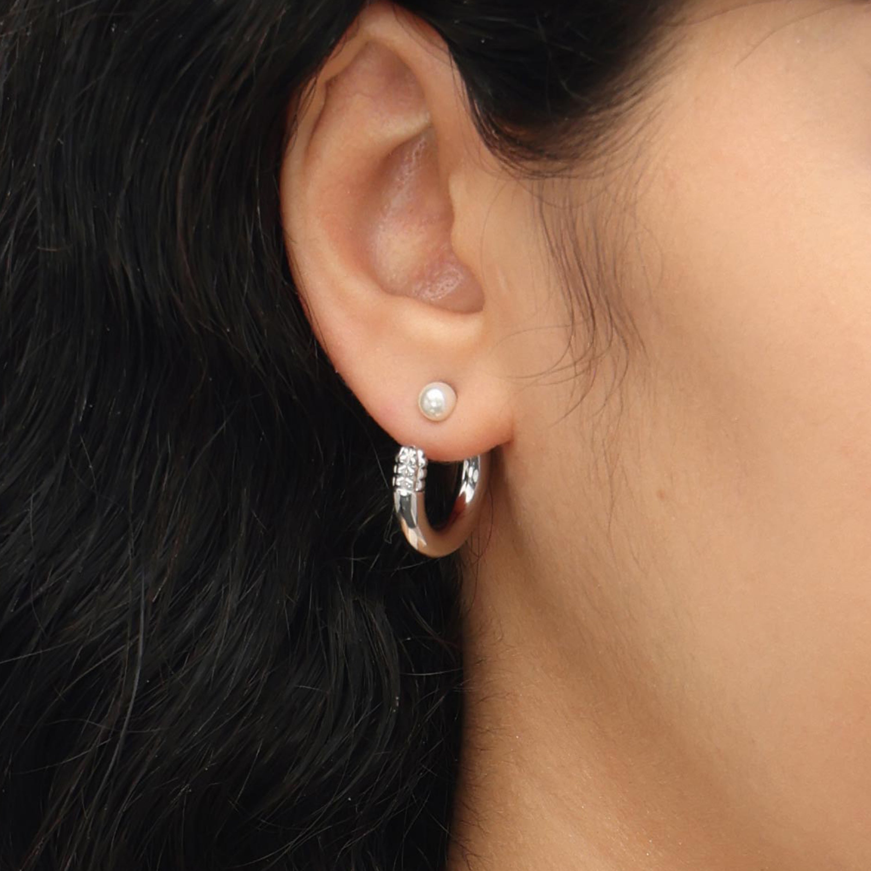 RSNY Double Wear Pearl Earrings - RSNY R2087A Copper Rhodium Plated/Bead/S925 Tremella Needle Weight: 10g Size: 21 * 5 * 21mm Geometric section modeling/preferred boutique beads/sterling silver high-quality ear needles/mirror-grade Seiko polishing/lightweight brand craftsmanship